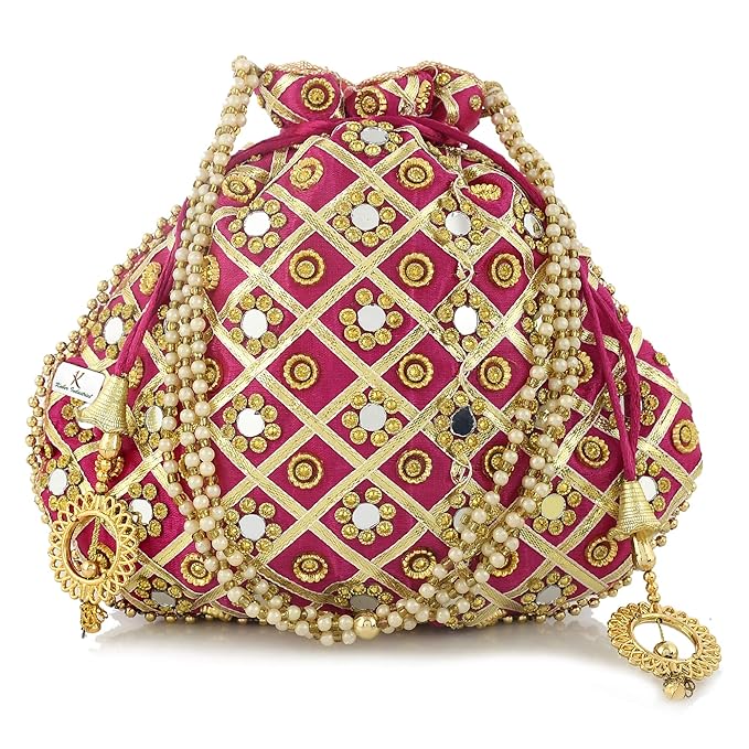 Traditional Mirror Work Clutch Potli Batwa Pouch Hand Bag for Bridal, Casual, Party, Wedding (Pink)