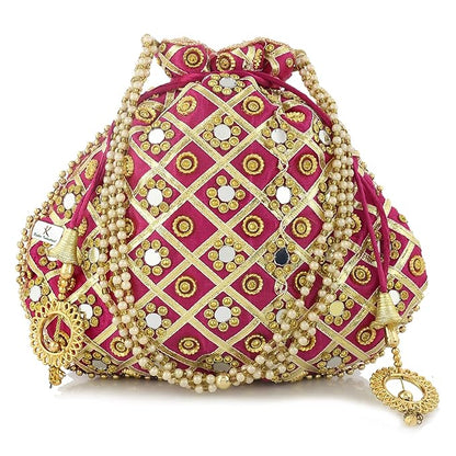 Traditional Mirror Work Clutch Potli Batwa Pouch Hand Bag for Bridal, Casual, Party, Wedding (Pink)