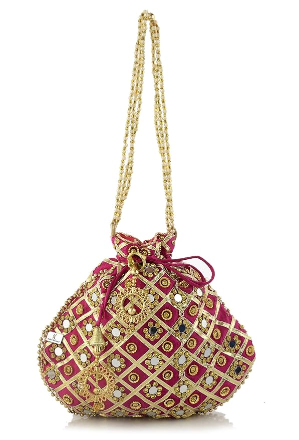 Traditional Mirror Work Clutch Potli Batwa Pouch Hand Bag for Bridal, Casual, Party, Wedding (Pink)