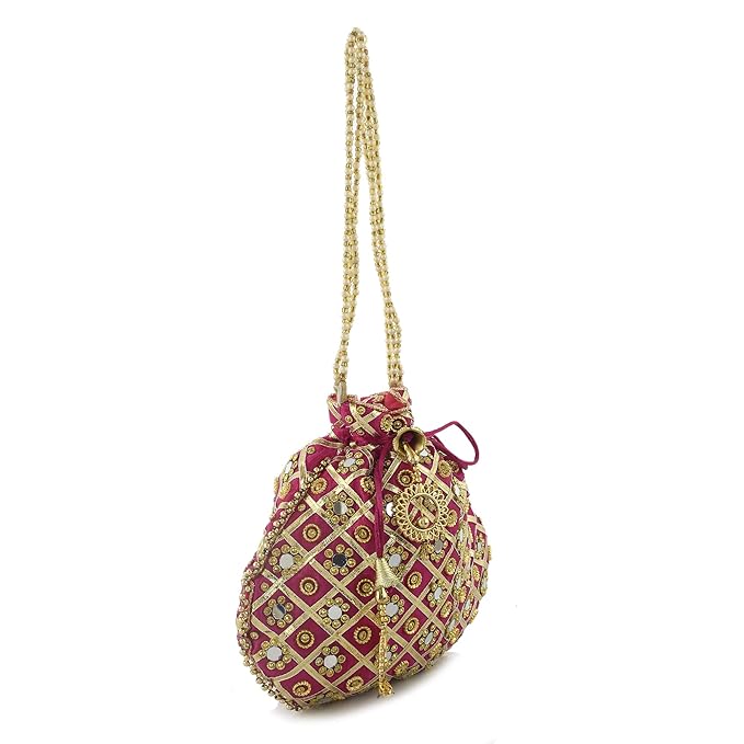 Traditional Mirror Work Clutch Potli Batwa Pouch Hand Bag for Bridal, Casual, Party, Wedding (Pink)