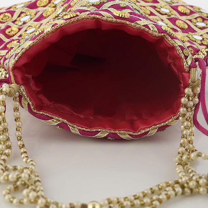 Traditional Mirror Work Clutch Potli Batwa Pouch Hand Bag for Bridal, Casual, Party, Wedding (Pink)
