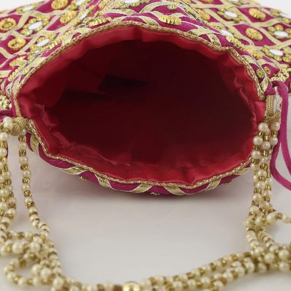 Traditional Mirror Work Clutch Potli Batwa Pouch Hand Bag for Bridal, Casual, Party, Wedding (Pink)