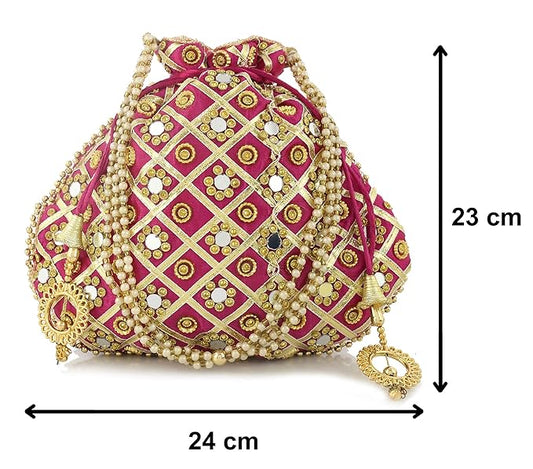 Traditional Mirror Work Clutch Potli Batwa Pouch Hand Bag for Bridal, Casual, Party, Wedding (Pink)